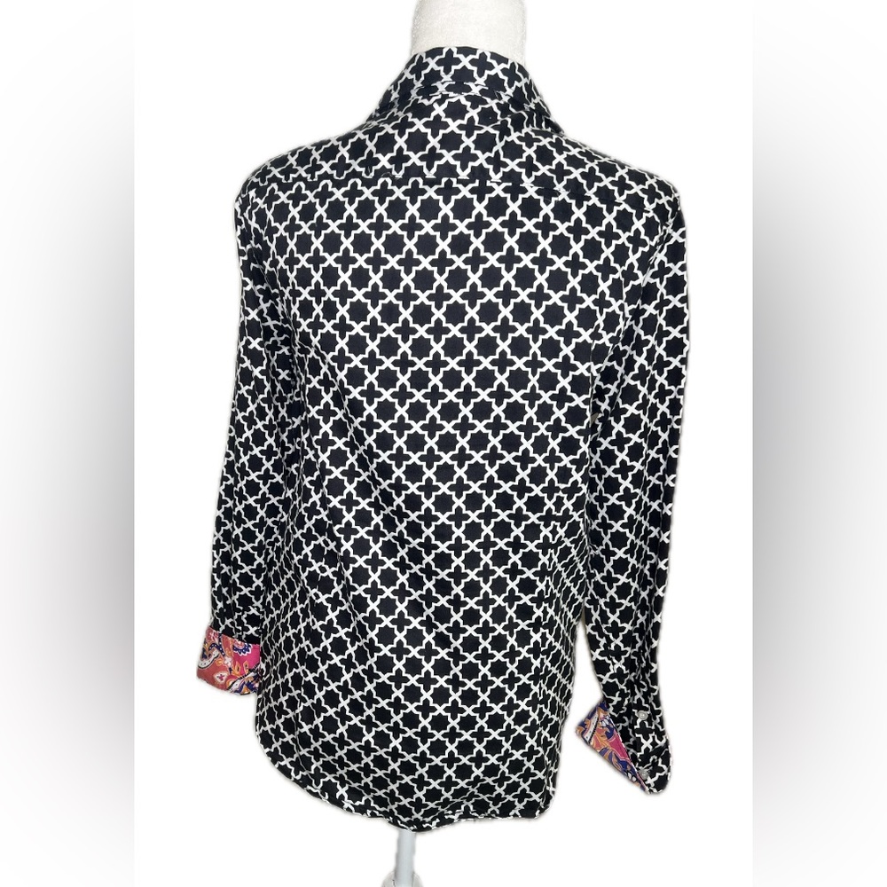Ruby Rd. Black and White Moroccan Tile Geometric Button Down Shirt 12 Twelve - Picture 3 of 7